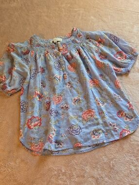 LOFT Blue Floral Smocked Blouse